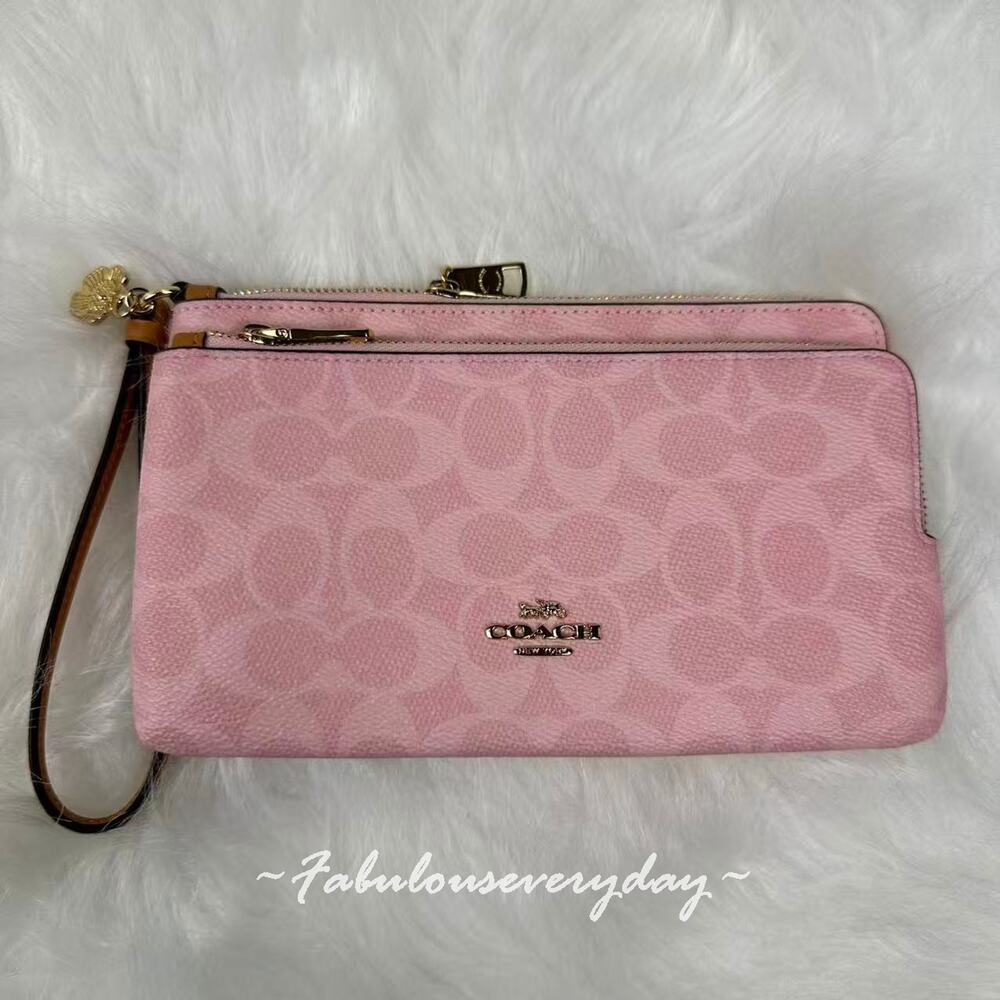 Coach Double Zip Wristlet In Signature Canvas With Charms CEF61 Powder Pink NWT
